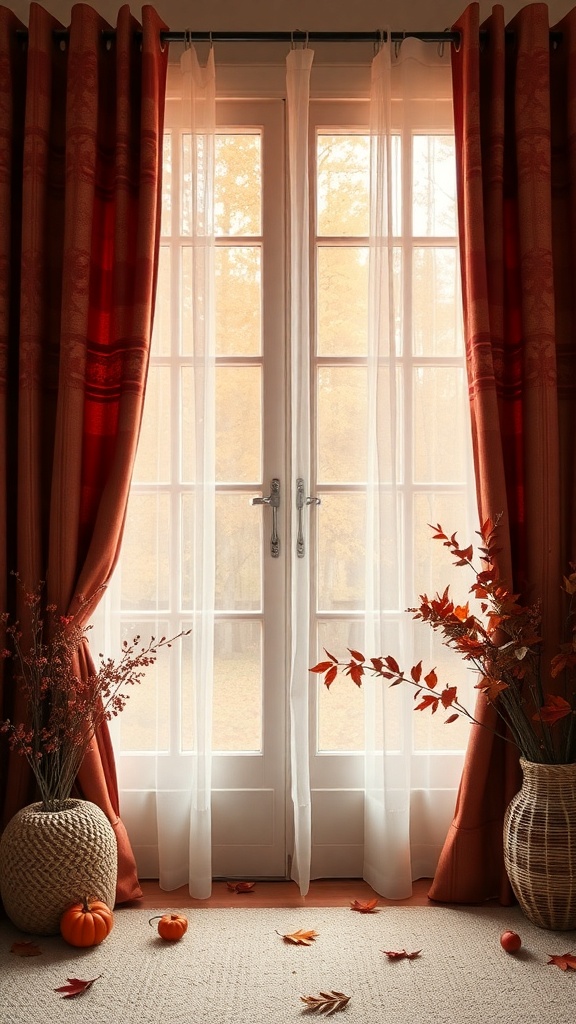 A cozy home office window with rich red curtains and sheer white drapes, decorated with autumn leaves and small pumpkins.