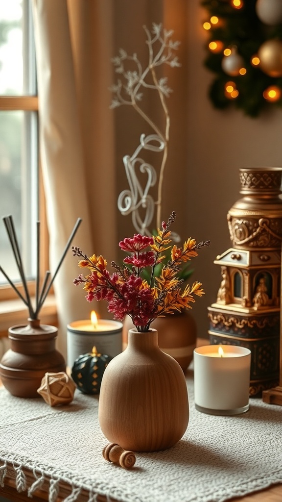 A cozy autumn home decor scene featuring candles, a vase with fall flowers, and decorative elements.