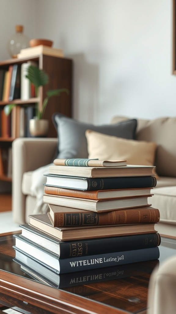A stack of vintage books on a coffee table in a cozy living room setting.