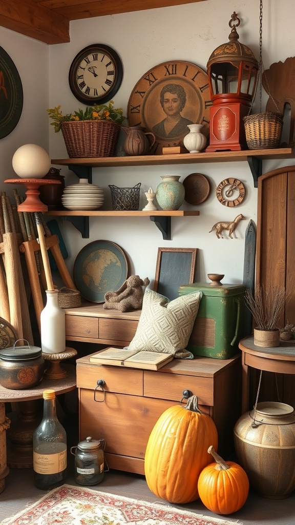 A cozy home office corner featuring vintage decor, including framed portraits, a patterned chair, and rustic storage.