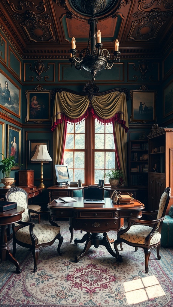 A Victorian-style home office featuring ornate decor, rich colors, and antique furniture.
