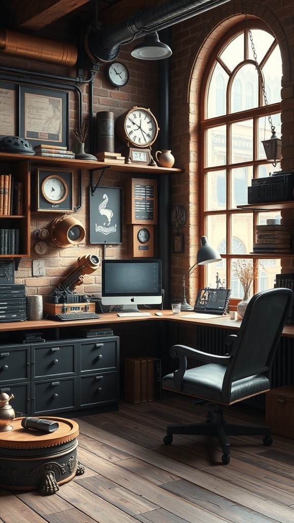 A Victorian Steampunk home office with wooden furniture, exposed brick walls, and vintage decor.
