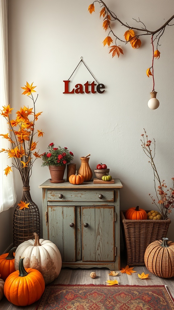A cozy corner with a vintage cabinet, pumpkins, and autumn decorations.