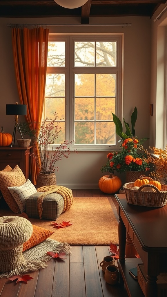 Cozy autumn home office with warm color palettes, pumpkins, and autumn leaves.