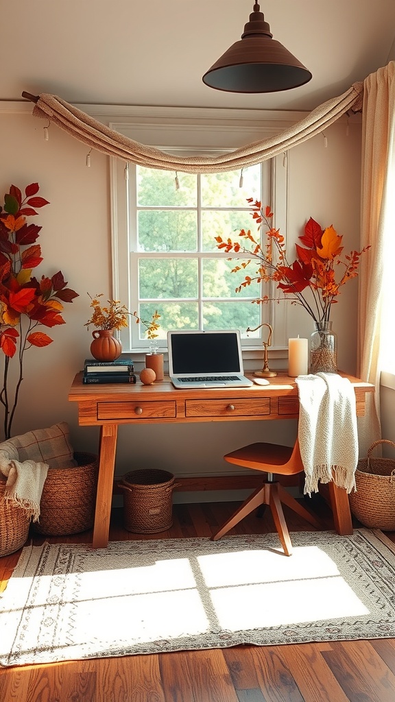 Cozy home office decorated with warm earthy tones, pumpkins, and autumn leaves.
