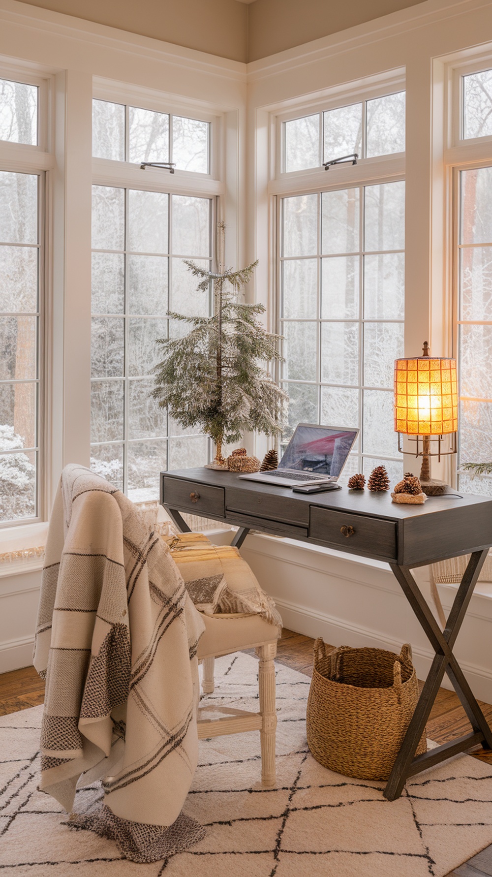 A cozy winter home office with a small tree, a desk, and large windows showing a snowy landscape.