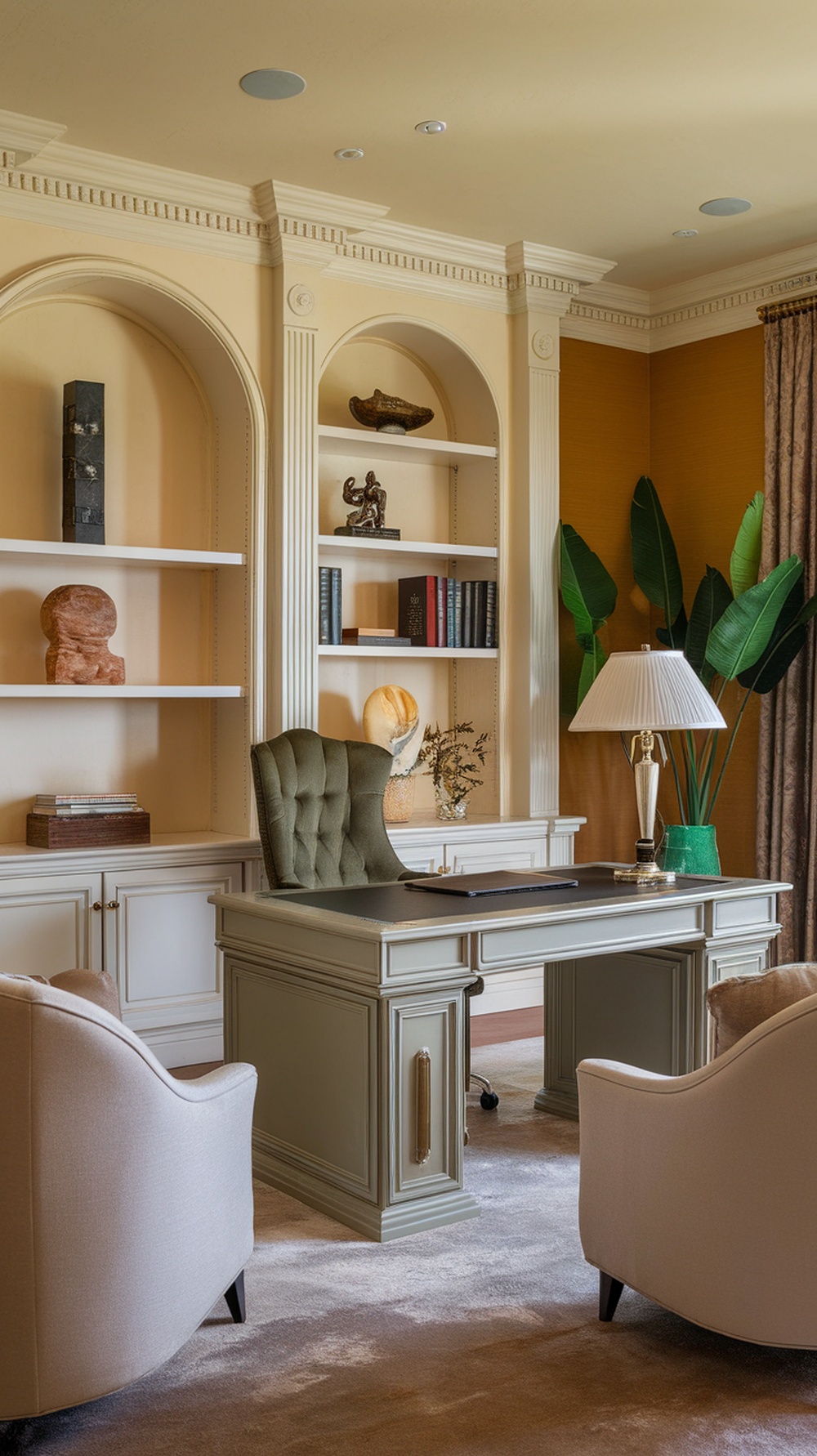 Luxurious home office with elegant desk, plush chair, and tasteful decor