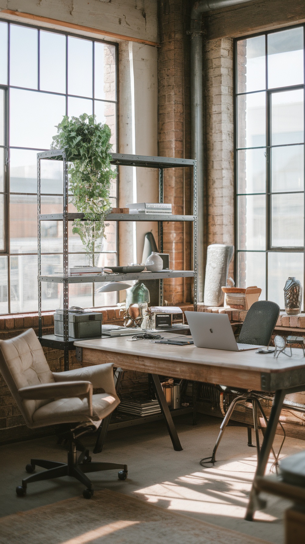 An industrial loft office featuring a wooden desk, shelves with decor, and large windows.