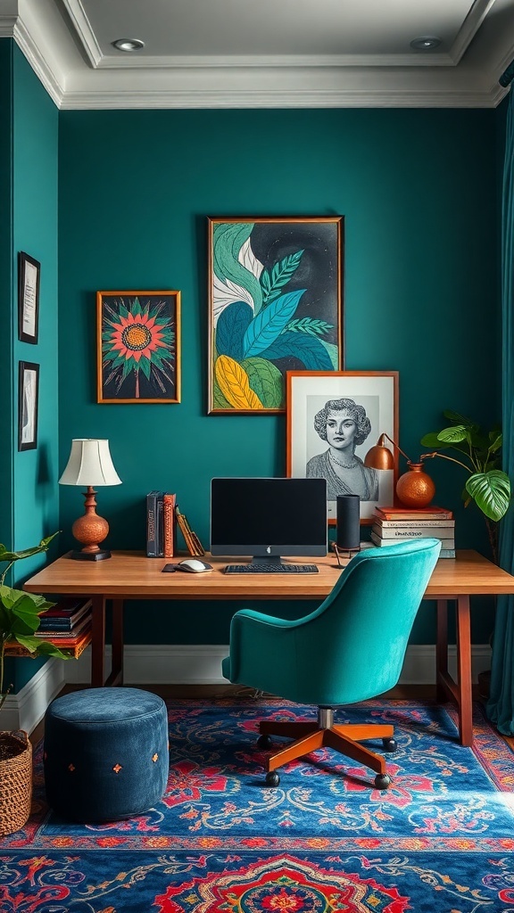 A stylish home office featuring deep teal walls, a wooden desk, and vibrant decor.