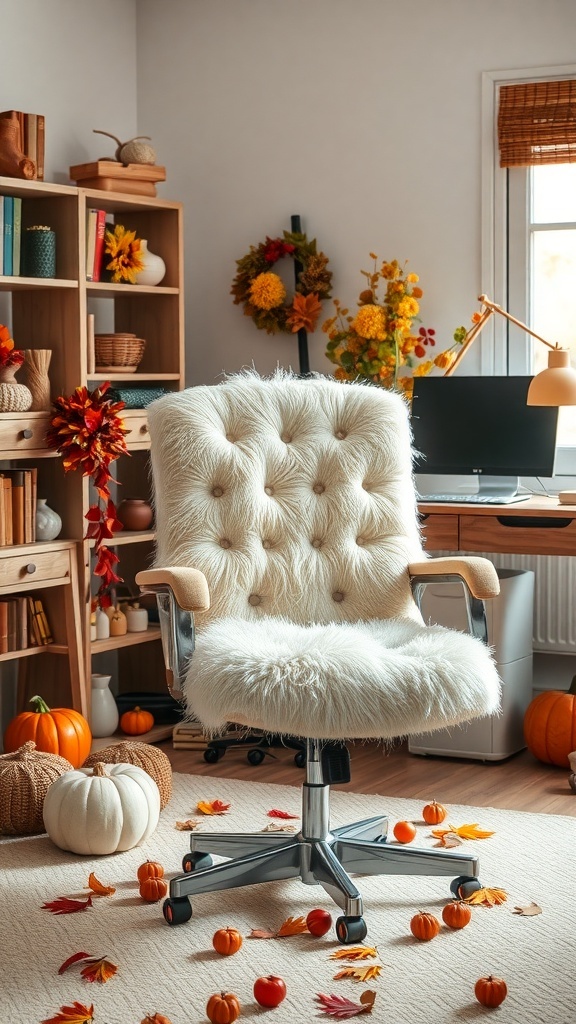 A cozy office chair with a fluffy white cover, surrounded by autumn decorations like pumpkins and colorful leaves.