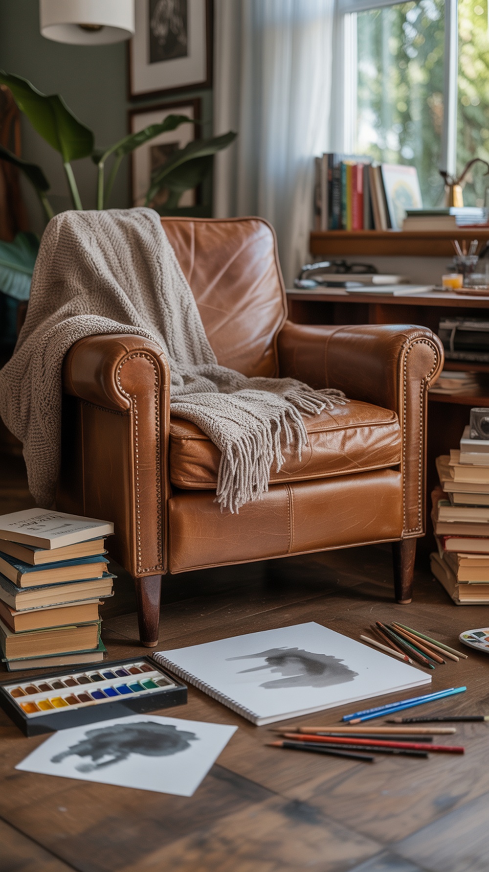 A cozy leather chair with a blanket, surrounded by books and art supplies, creating a tech-free creative zone.