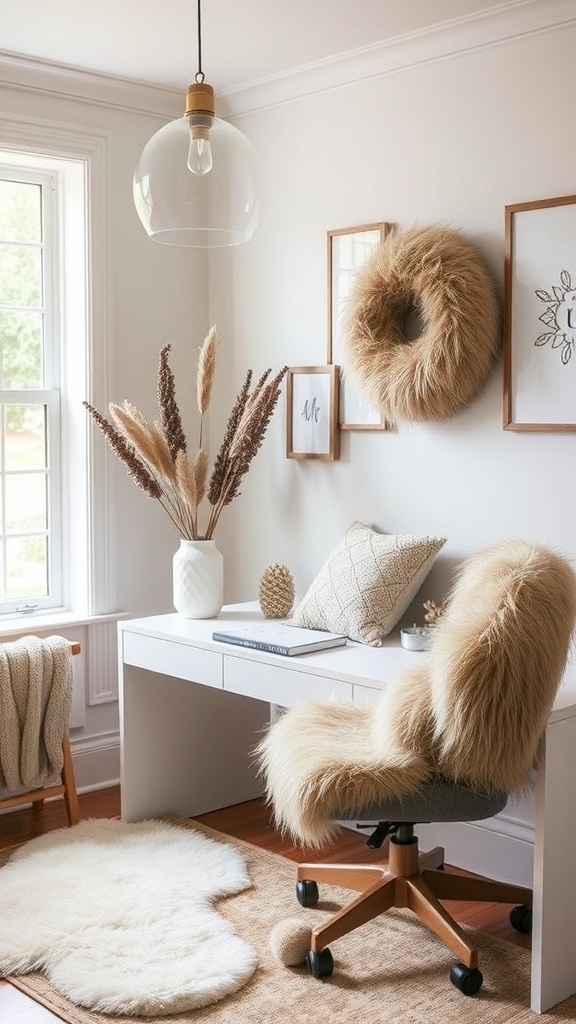 A cozy home office featuring faux fur accents, including a rug and poufs, with warm wooden furniture and a bright window.