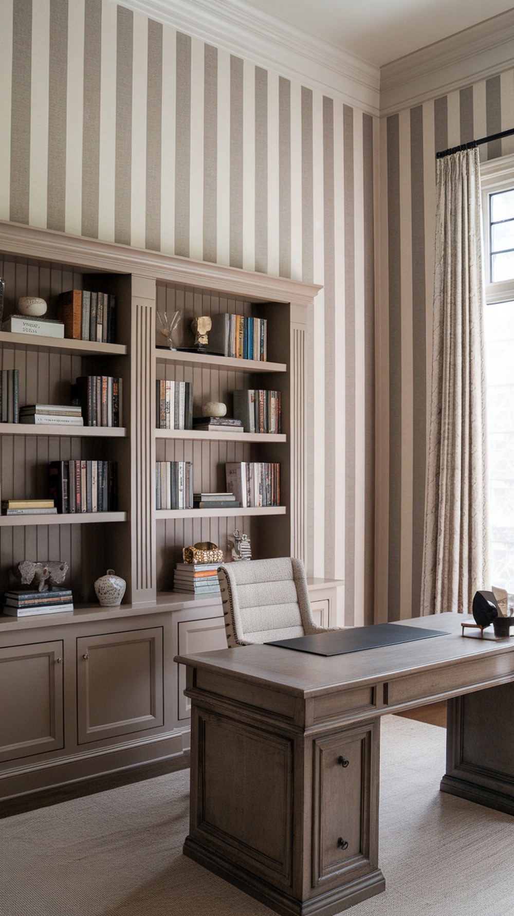 A home office featuring classic striped wallpaper in neutral tones, a wooden desk, and bookshelves.