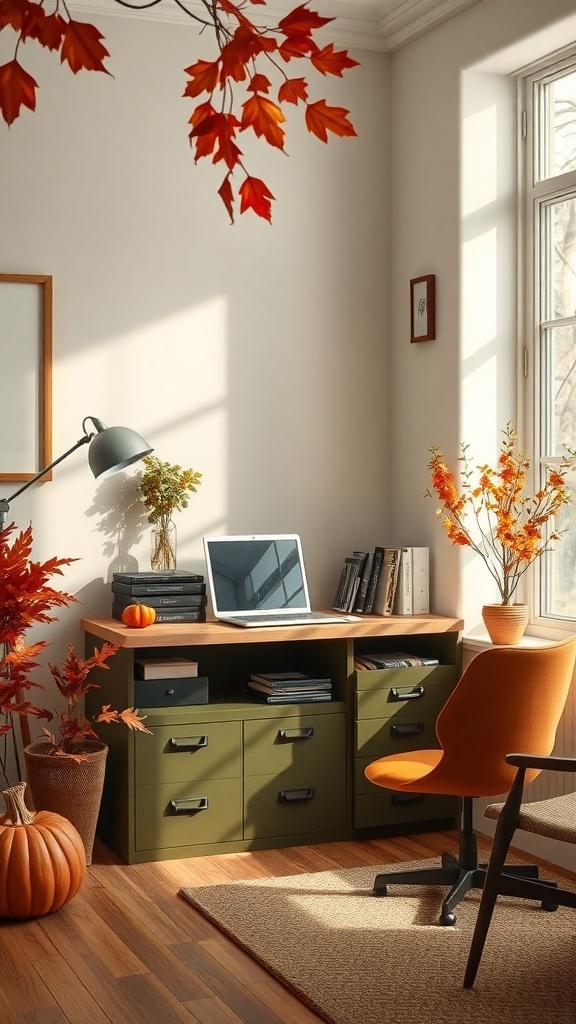 Cozy home office featuring an olive green filing cabinet, warm wooden floor, and autumn decorations.
