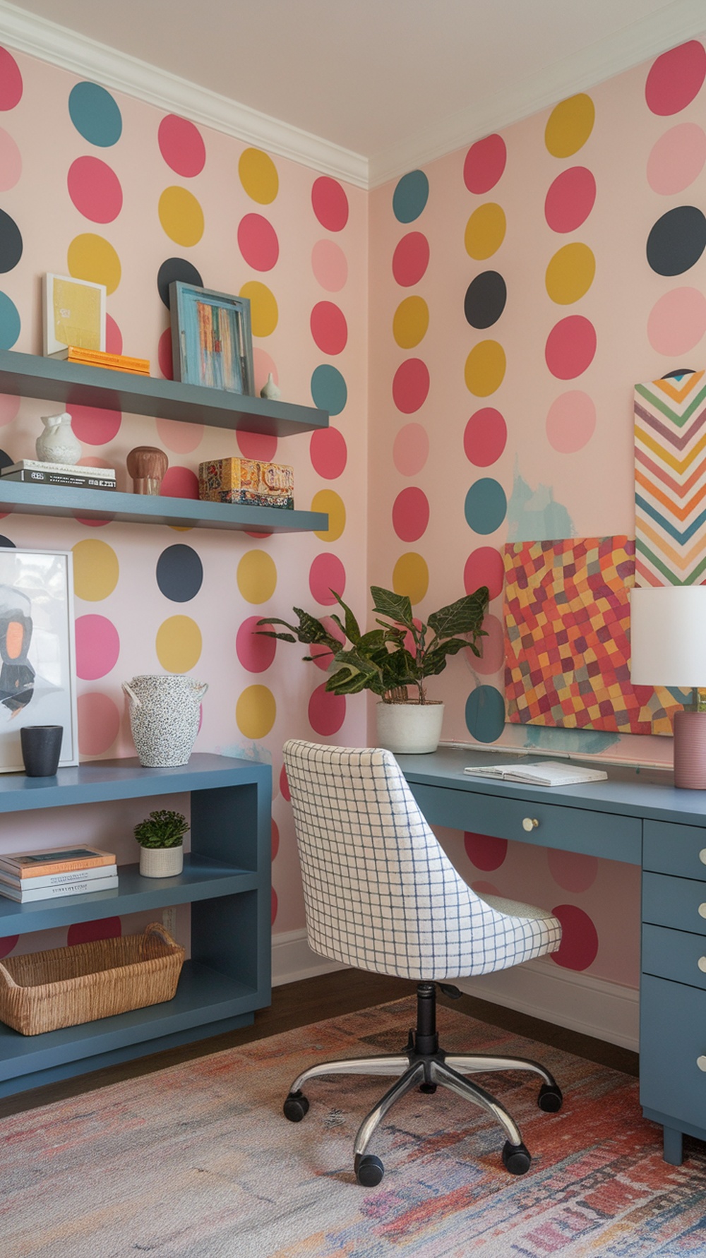 A home office with contemporary dots wallpaper featuring colorful circles on the wall, a wooden desk, and a stylish lamp.