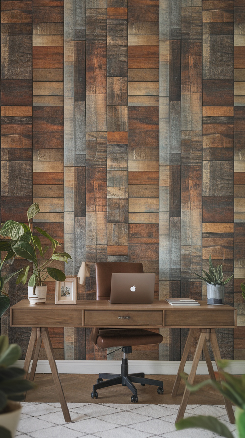 Rustic wood panel wallpaper in a home office setting with a desk and plants