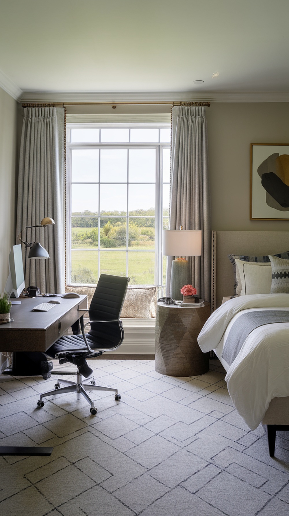 A modern home office and bedroom combination with a desk, chair, and cozy bedding, featuring a large window with a view.