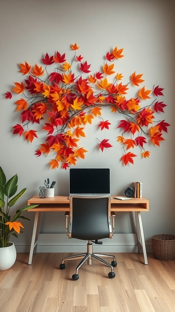 A home office featuring maple leaf wall decor in vibrant autumn colors, with a desk and chair.