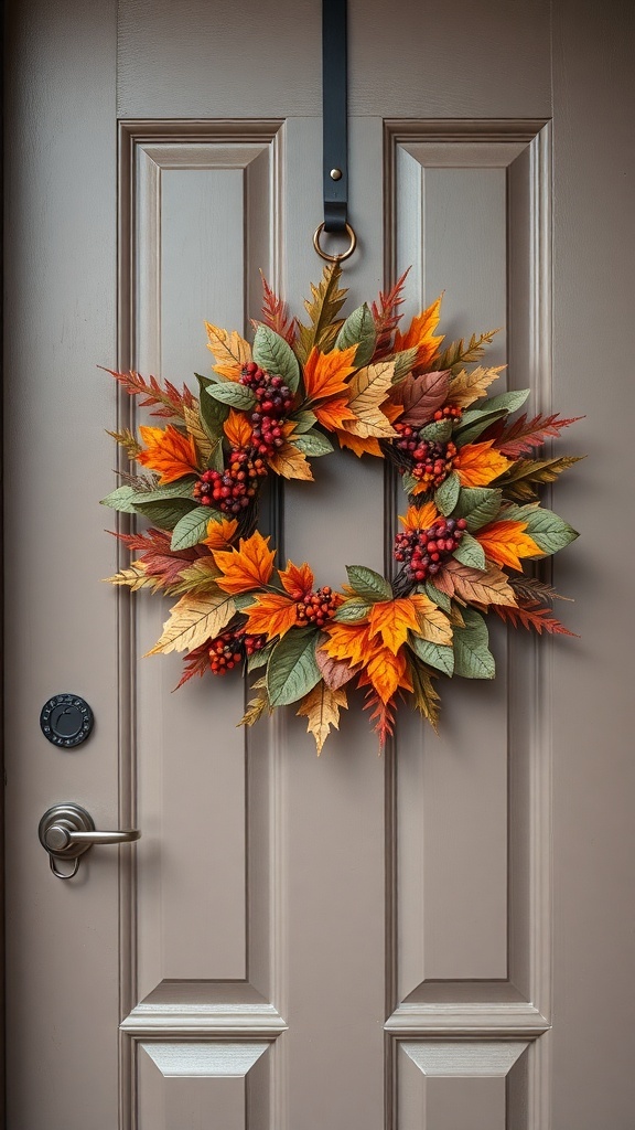 A vibrant autumn wreath made of orange and yellow leaves with berries, hanging on a neutral door.