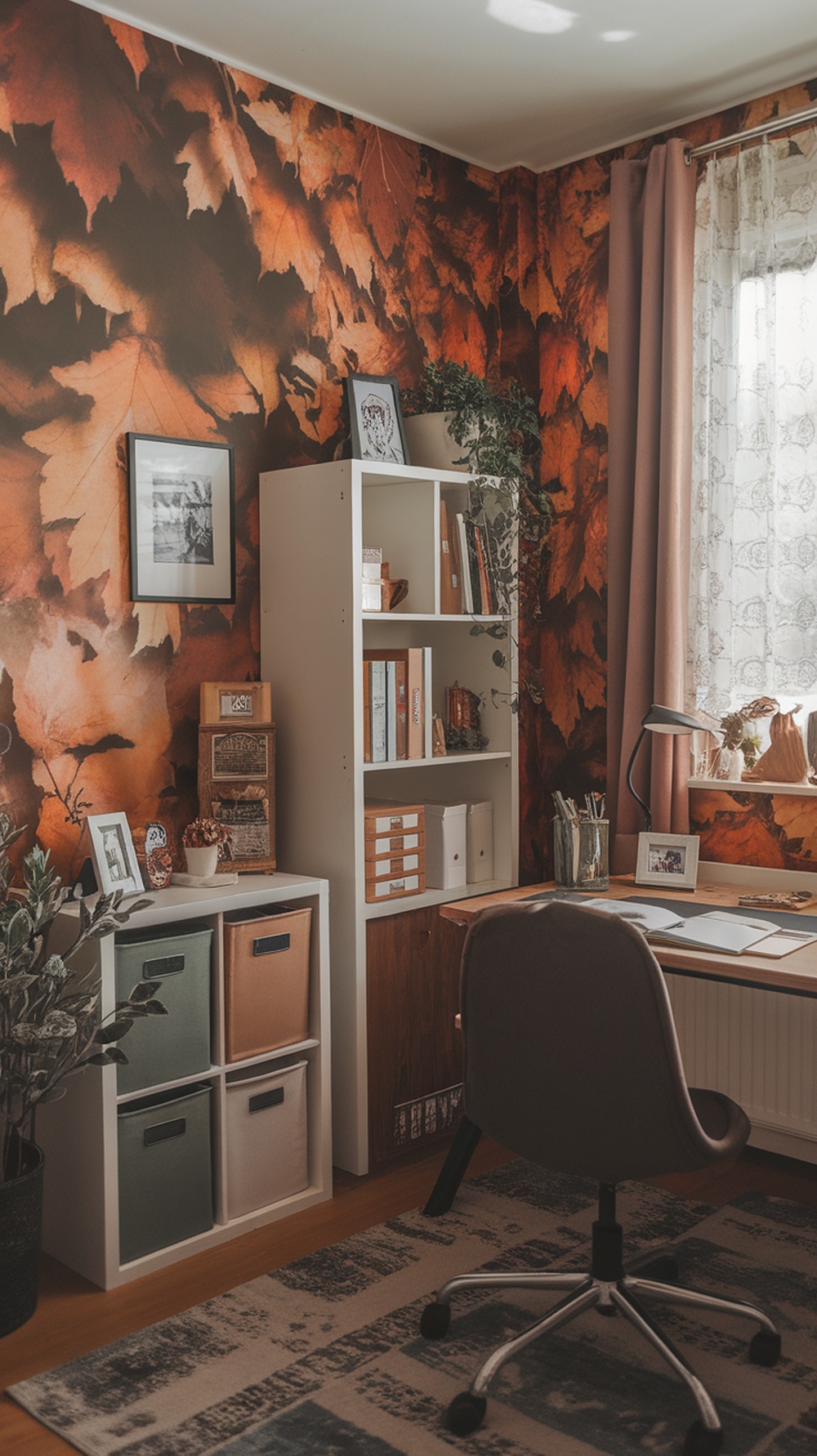 Home office with seasonal leaves wallpaper, showcasing a warm and inviting workspace.