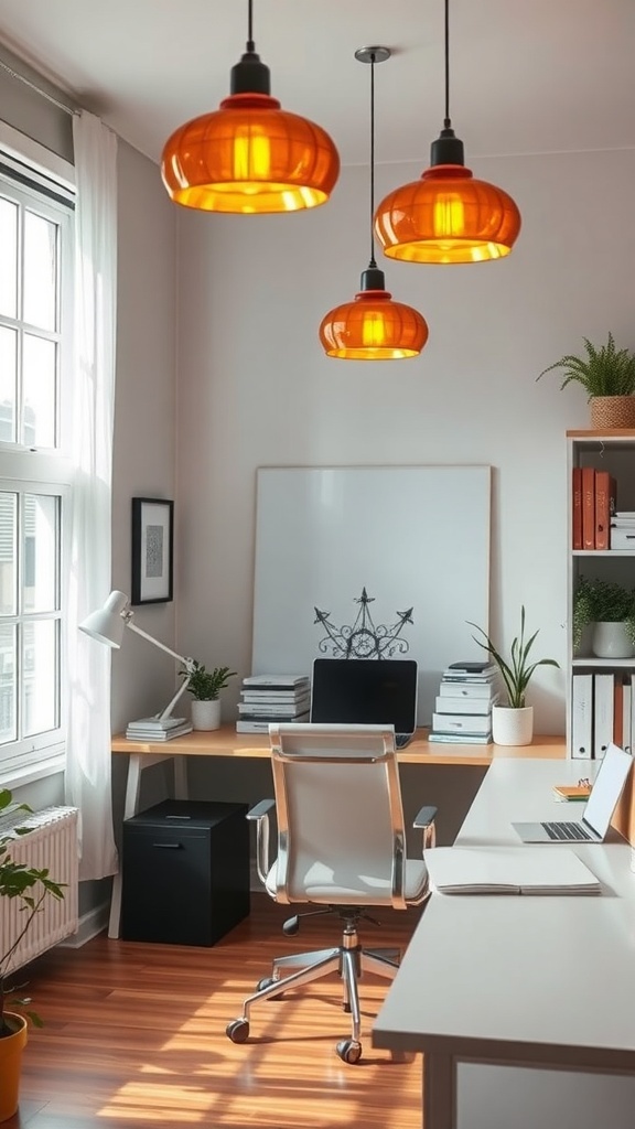A modern home office with amber pendant lighting fixtures, a sleek desk, and warm wood flooring.