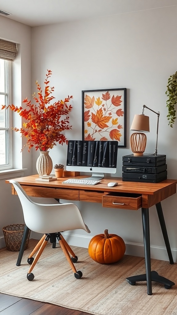 A cozy autumn aesthetic desk space featuring a wooden desk, white chair, autumn leaves in a vase, a pumpkin, and autumn-themed artwork.