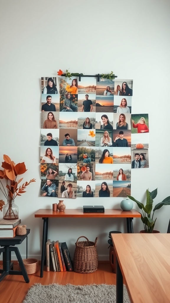 A cozy autumn aesthetic photo collage displayed on a wall, featuring various photos of people and autumn scenery, with decorative elements like leaves.
