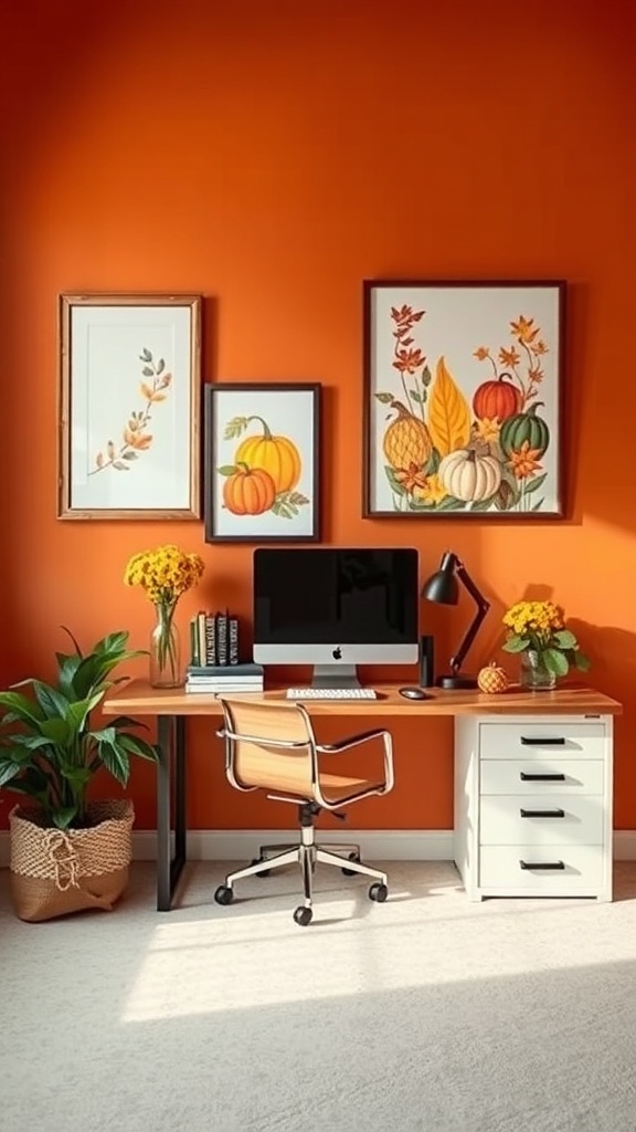 Home office with a rustic orange accent wall, featuring autumn-themed artwork and a modern desk setup.