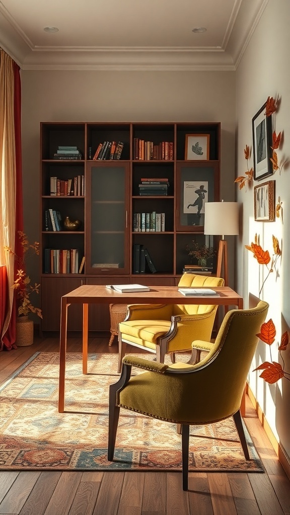 Home office featuring moss green upholstery chairs, a wooden desk, and bookshelves, with warm autumn colors.