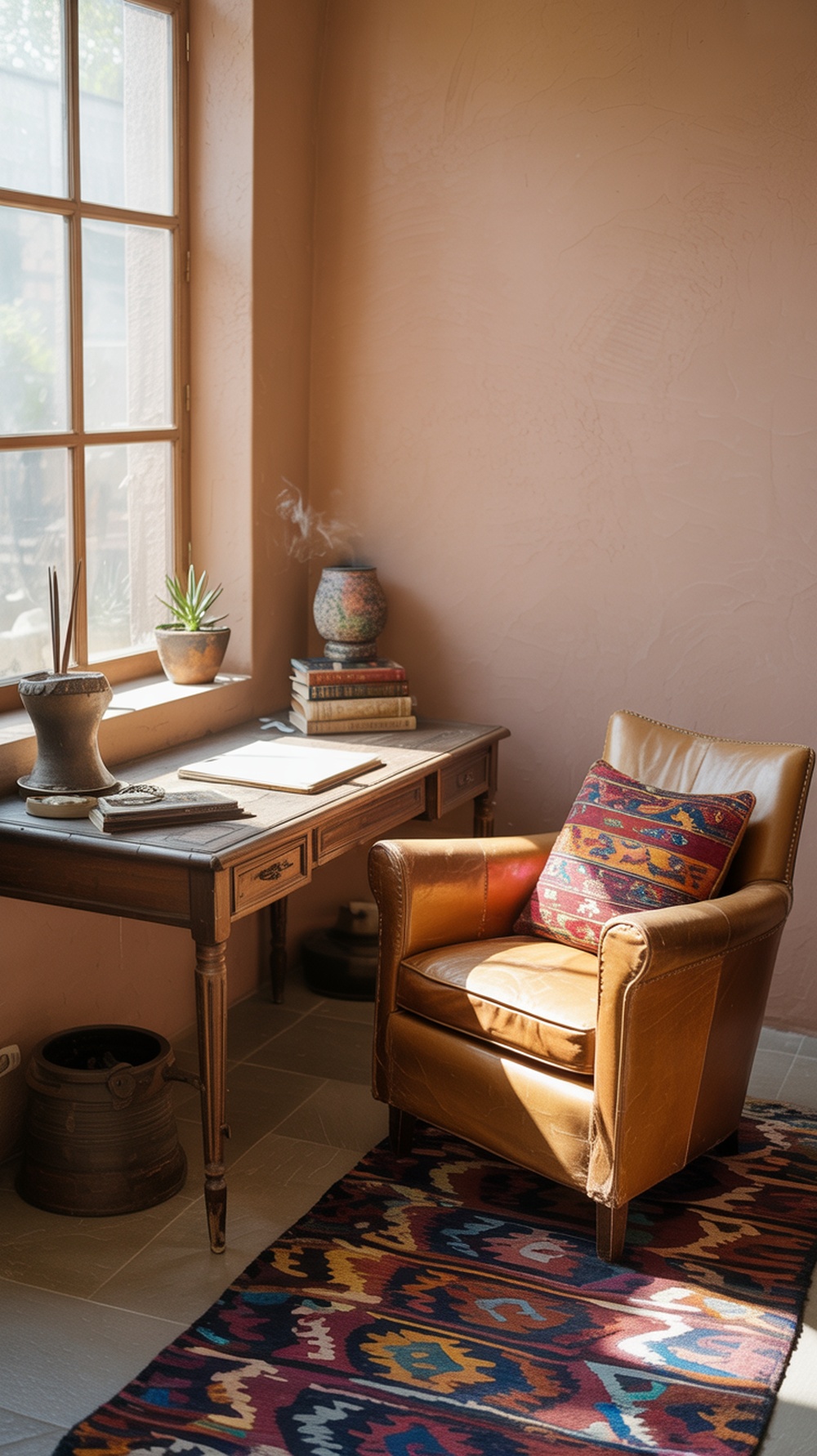 A cozy home office with a vintage desk, leather chair, and colorful rug, showcasing an eclectic bohemian style.
