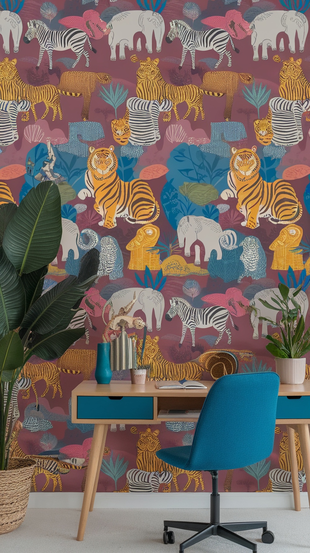 Colorful animal print wallpaper in a home office setting with a desk and chair.