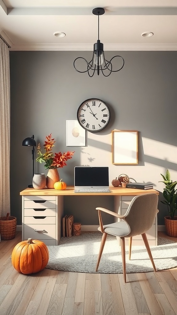 A cozy home office featuring warm gray walls, a wooden desk, and autumn decorations.