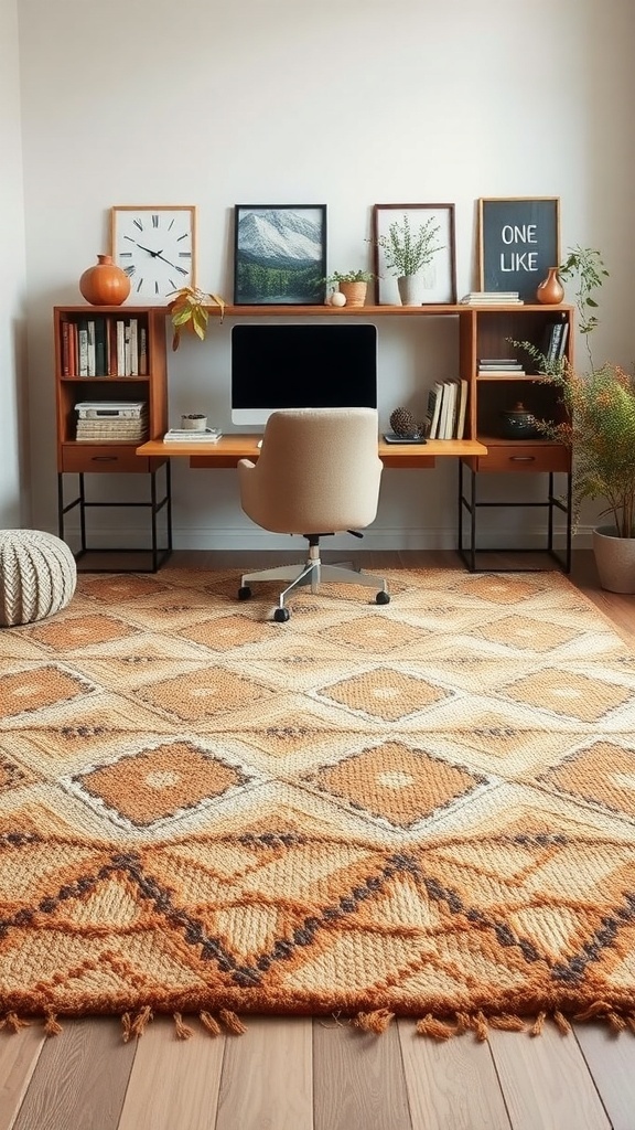 A cozy home office with layered rugs, warm tones, and autumn decor.