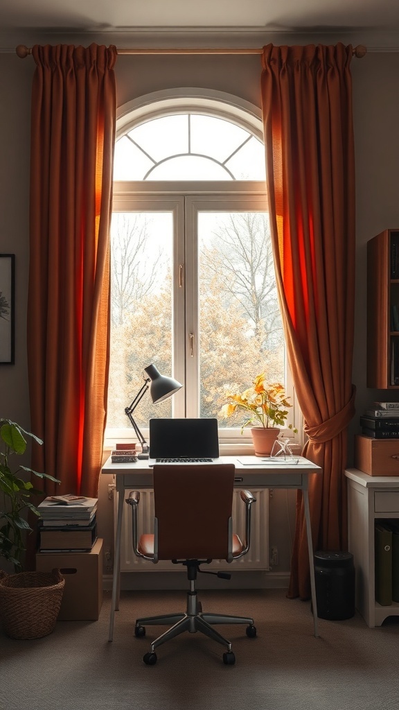 Home office with burnt sienna curtains, a desk, and a plant by the window