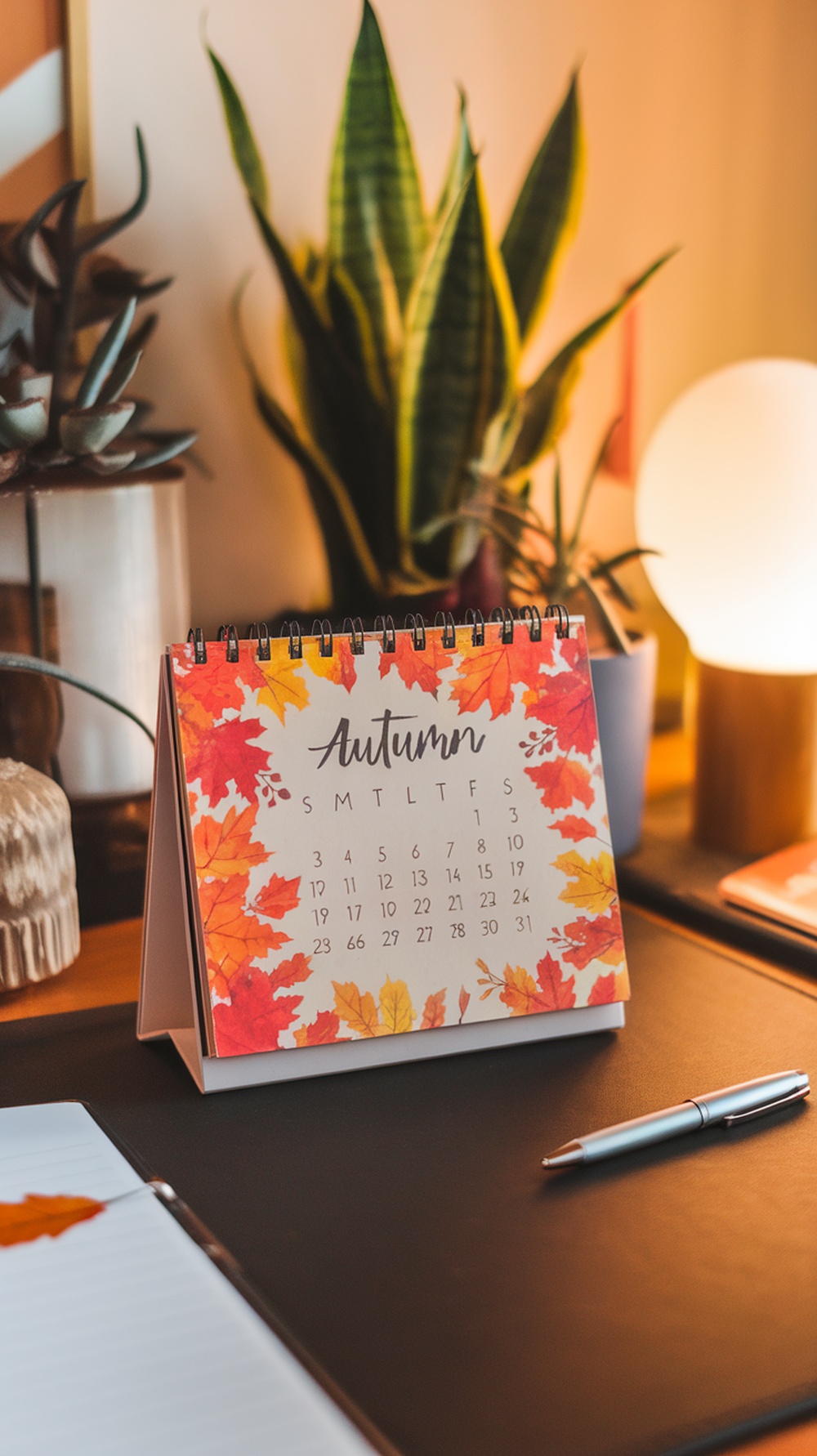 A desk calendar with autumn-themed design on a workspace, surrounded by colorful fall foliage outside.