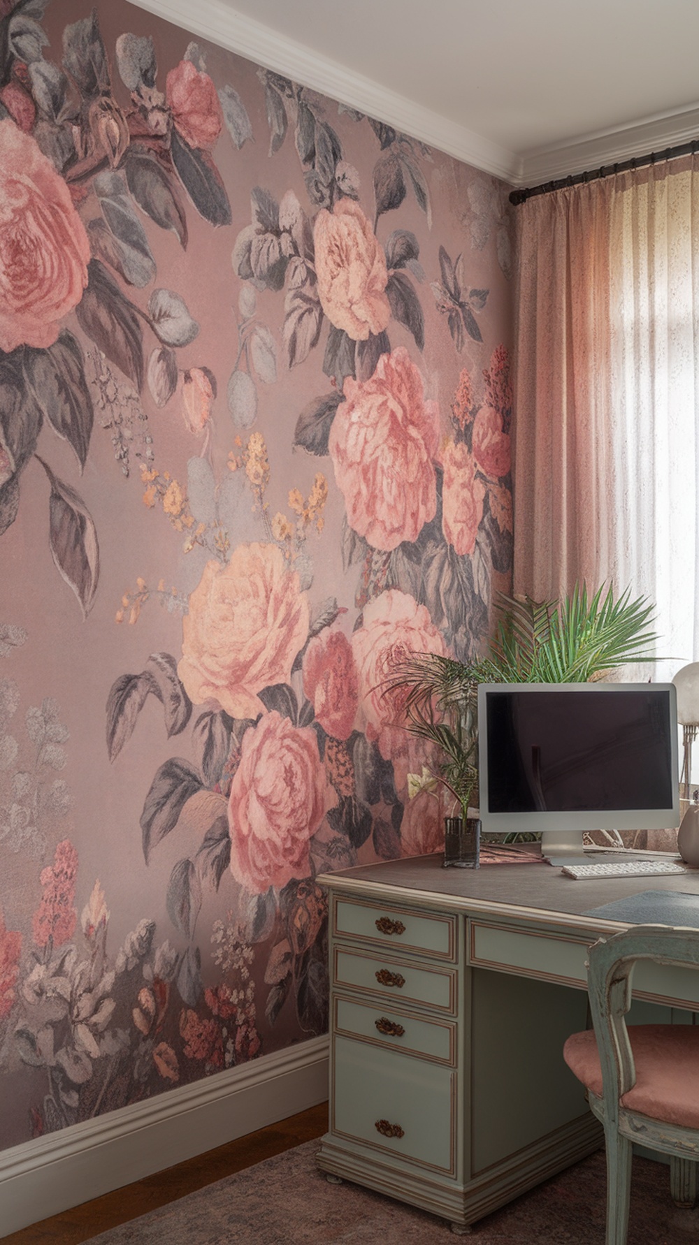 Vintage floral wallpaper featuring various flowers in soft pastel colors.