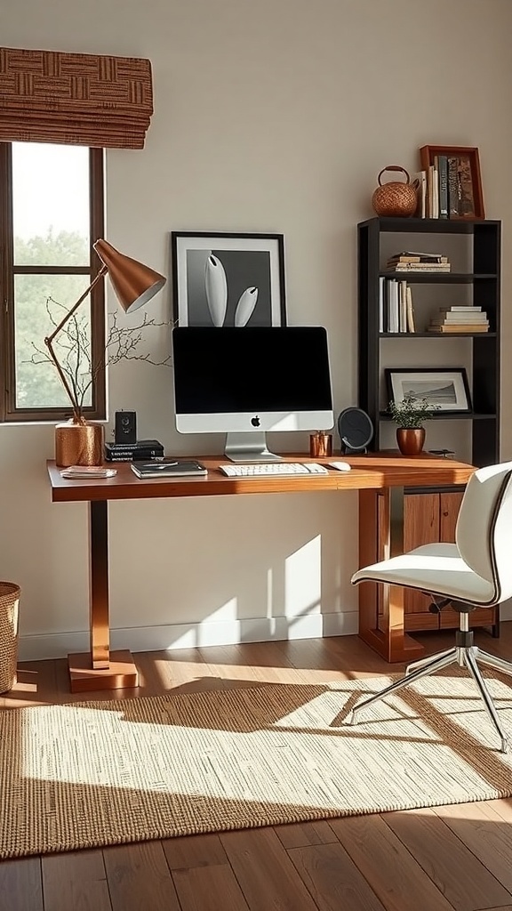 A modern home office featuring a wooden desk with copper accents, a computer, and plants.