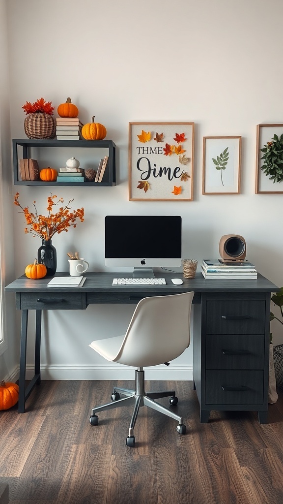 A stylish charcoal gray desk with autumn decorations, including pumpkins and leaves, in a cozy home office setting.