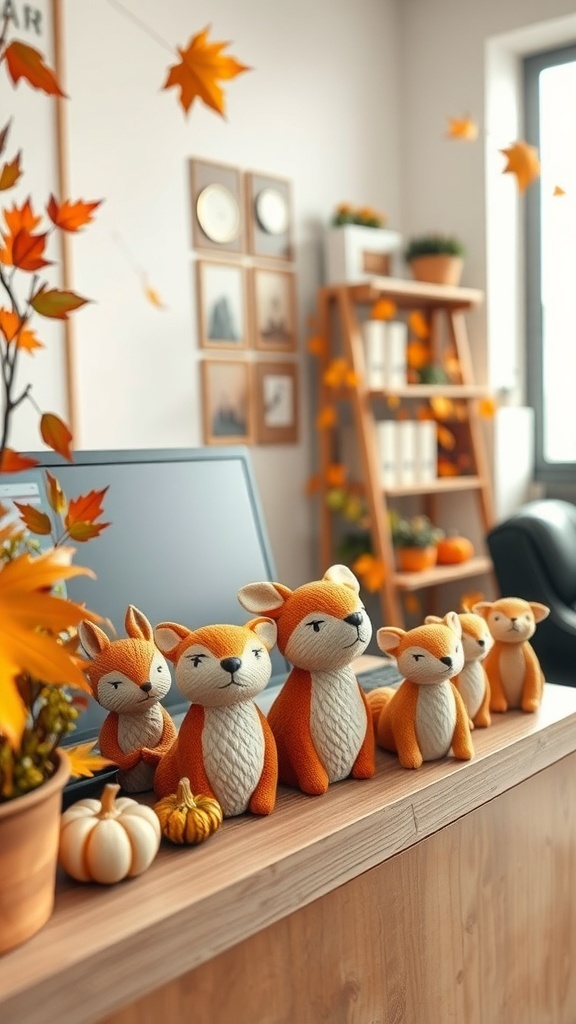 Woodland creature figurines in a cozy autumn-themed home office