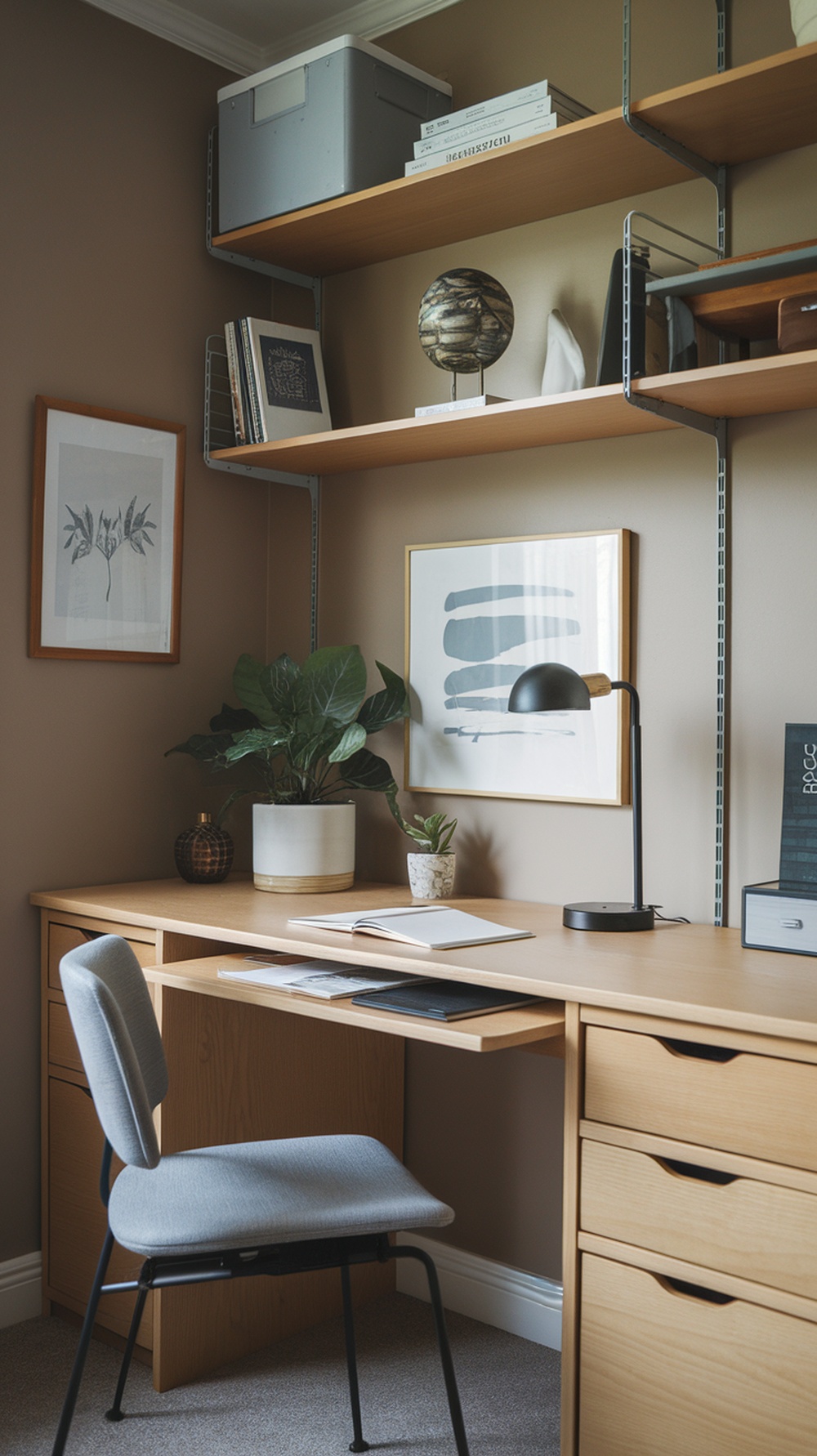 A compact home office with a light wood desk, open shelving, plants, and modern decor.