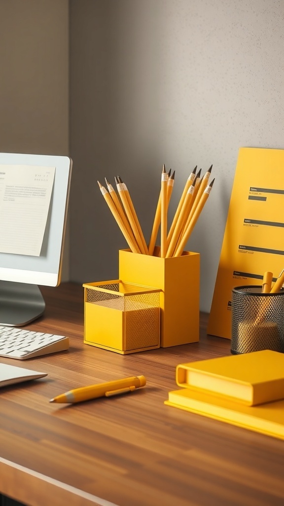 Golden yellow desk accessories including pencil holders and notebooks on a wooden desk.
