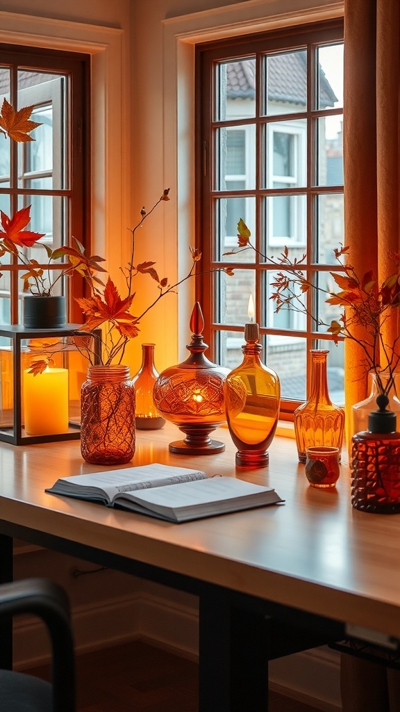 A cozy home office featuring amber glass decor, warm lighting, and a stylish desk setup.