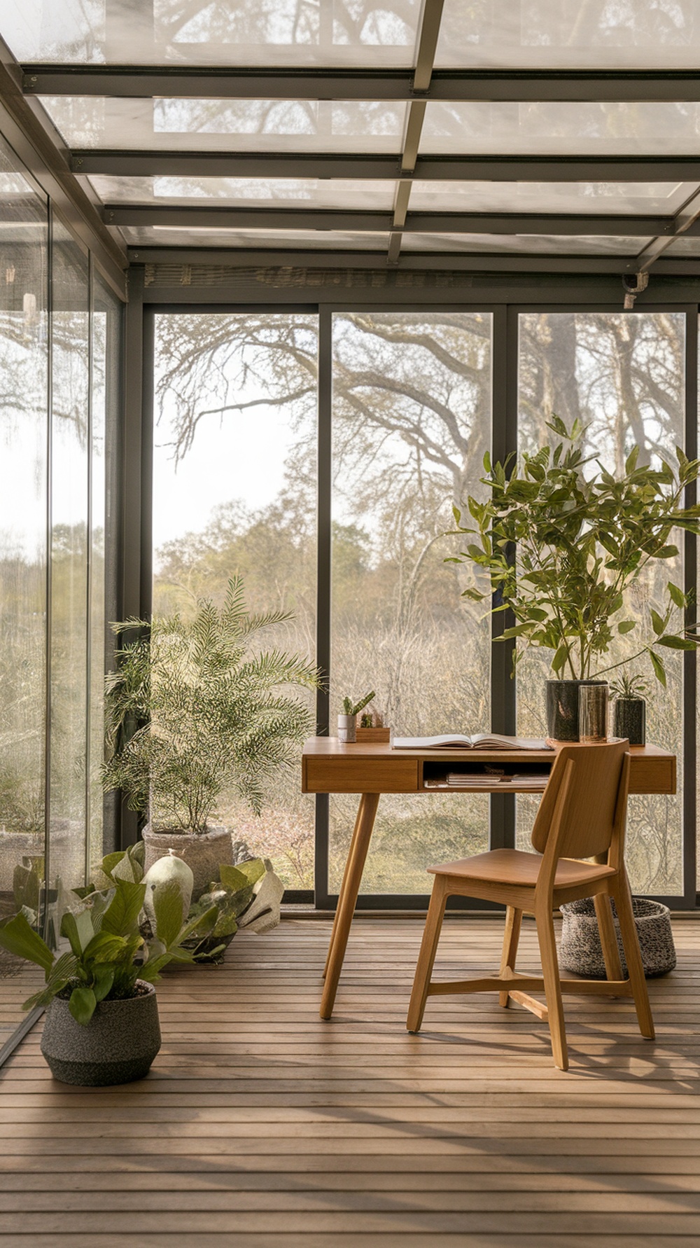 A bright outdoor-inspired workspace with a wooden desk, chair, and potted plants.