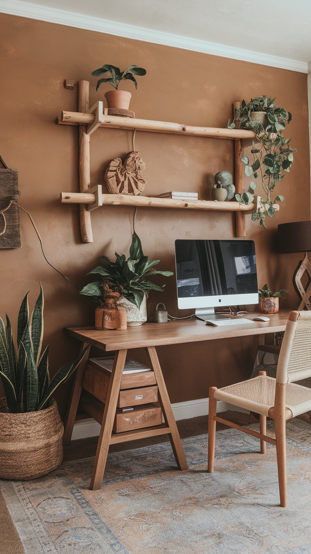 A nature-inspired home office featuring earthy tones, plants, and a wooden desk.