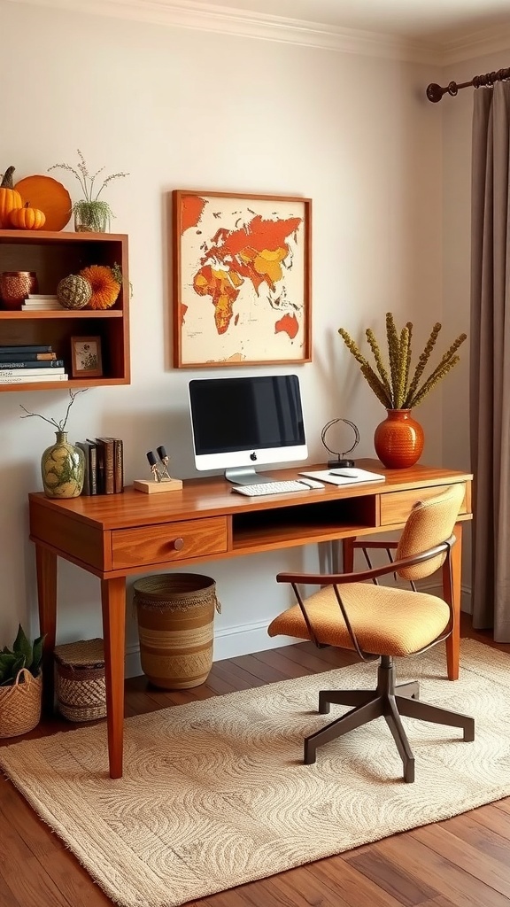 A warm walnut desk setup featuring autumn decorations, pumpkins, and natural light.