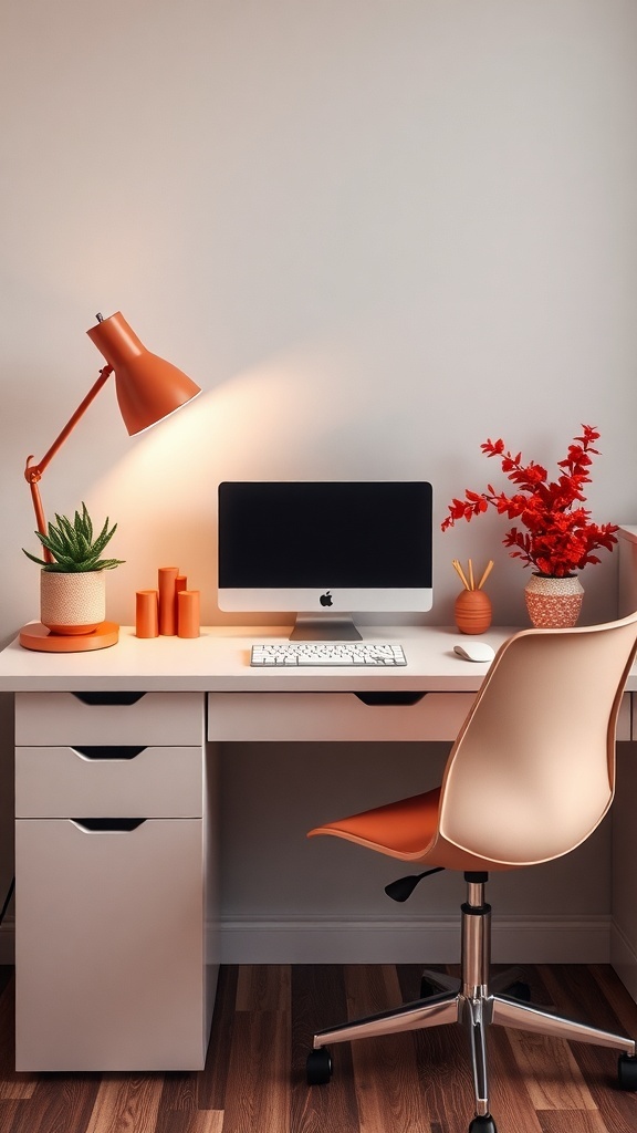 A cozy home office desk featuring soft coral accessories, a modern chair, and a computer, set against a neutral wall.