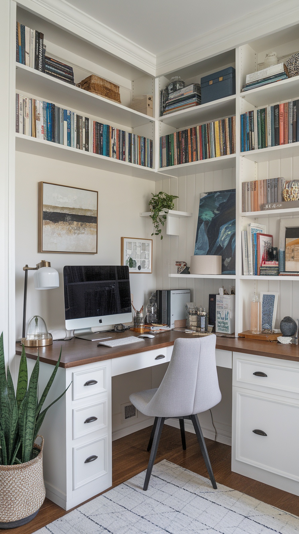 A functional corner office with built-in shelving, a desk, and decorative items.