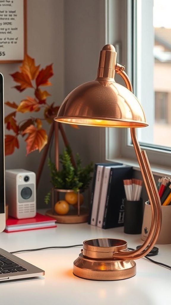 A stylish copper desk lamp illuminating a workspace with autumn-themed decor.