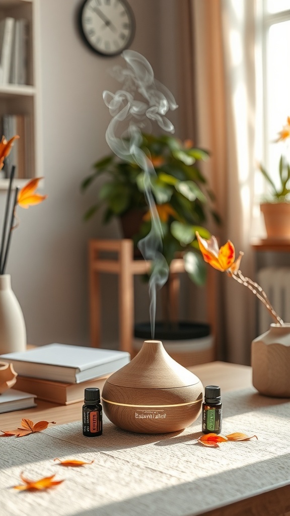 A wooden diffuser releasing steam, surrounded by autumn leaves and essential oil bottles in a cozy home office setting.