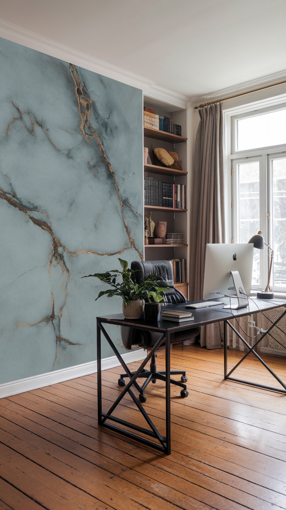 A stylish home office featuring a chic marble wallpaper design in blue and gold tones.